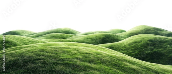 Fototapeta View of rolling green hills under a clear sky, exuding tranquility and natural beauty. Nature, landscape, or wellness design projects.