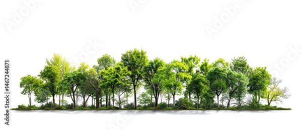 Fototapeta Row of diverse green trees isolated on a white background. Mock up for nature, environment, landscape, or ecological design projects.