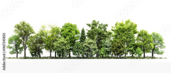 Obraz Row of diverse green trees isolated on a white background. Mock up for nature, environment, landscape, or ecological design projects.