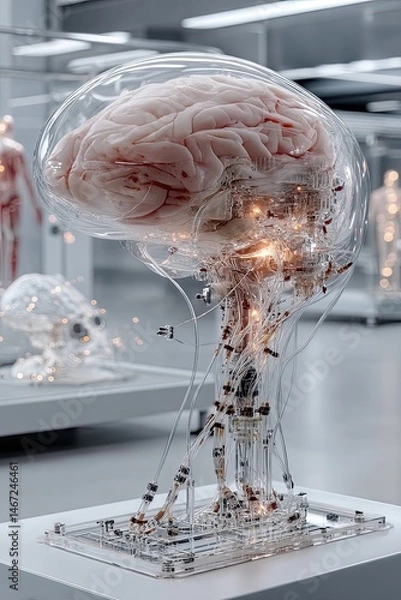Fototapeta Human brain with wires and sensors. The birth of artificial intelligence. Digitalization of thinking. Wires and sensors signify the new frontier of artificial intelligence thinking.