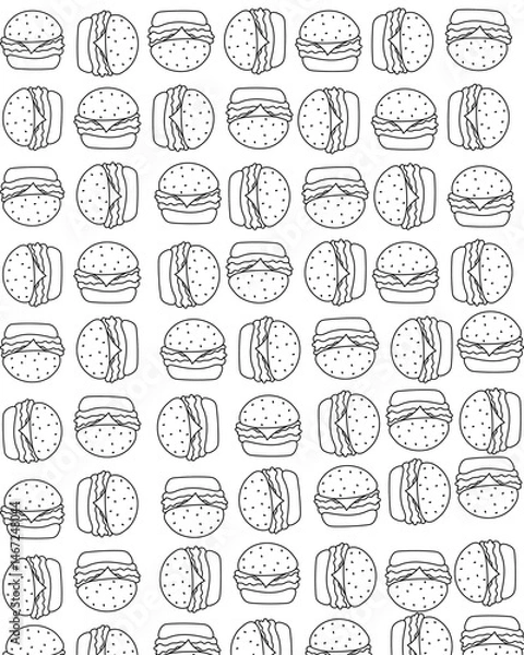 Fototapeta Hamburgers are drawn in a simple style using a clean outline. Picture arrangement follows a recurring diagonal pattern, creating a harmonious and uniform impression. Each burger consists of a special 
