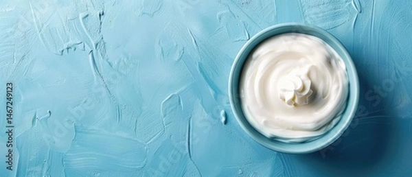 Fototapeta Bowl of whipped cream dessert with a dollop of white cream and a spoon on a vibrant color background. Plastic bowl with yogurt or cream placed at vibrant background. Dessert and sweets concept. AIG55.