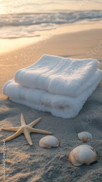 Fototapeta Beach hotel setup featuring four layers of large, soft, fluffy white towels lying on the sand with sea shells and starfish around in the sunset light  a peaceful, luxurious atmosphere for relaxation.