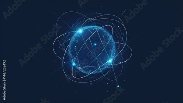 Obraz Glowing blue digital globe with connecting lines. Abstract artwork of circle shape with glowing lines and dark background. Global network and technology innovation concept. Global networking. AIG53.