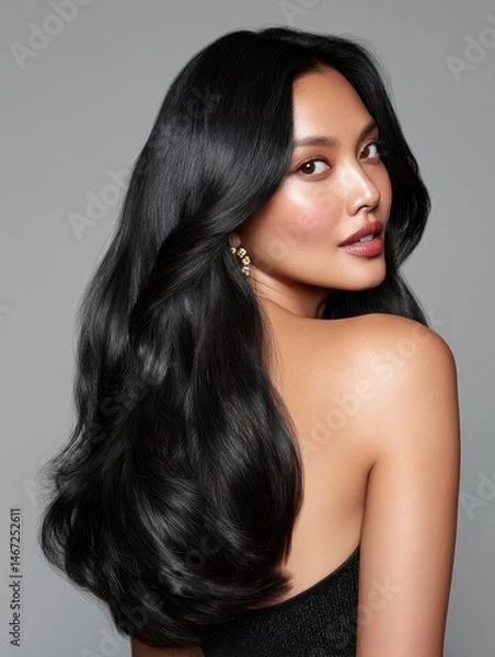 Fototapeta Long light black hair cascading over shoulders, glossy shine and soft texture captured in high detail
