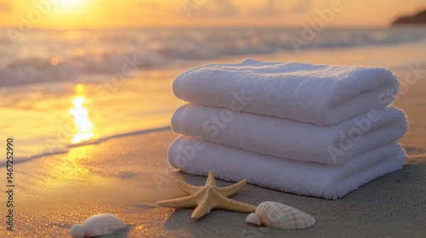Fototapeta Beach hotel setup featuring four layers of large, soft, fluffy white towels lying on the sand with sea shells and starfish around in the sunset light  a peaceful, luxurious atmosphere for relaxation.