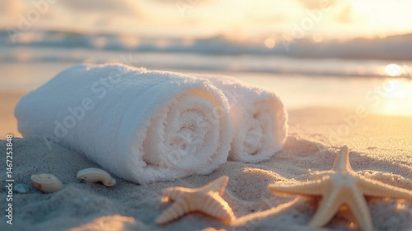 Fototapeta Beach hotel setup featuring four layers of large, soft, fluffy white towels lying on the sand with sea shells and starfish around in the sunset light  a peaceful, luxurious atmosphere for relaxation.