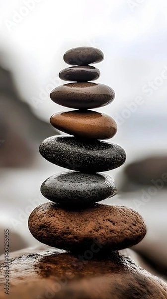 Fototapeta Balanced stones, a stack of smooth, carefully placed rocks, a serene display of equilibrium