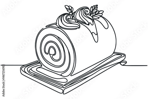 Fototapeta Roll biscuit cake in continuous one line art style. Cafe, bakery, restaurant logo concept. Vector illustration