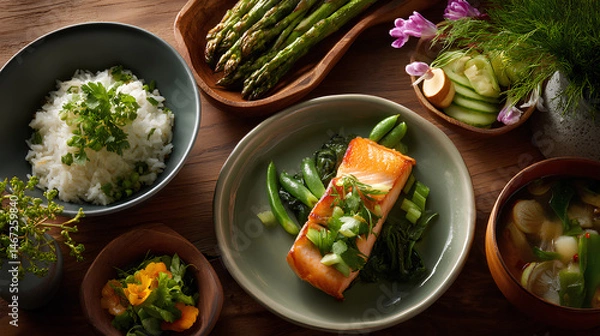 Fototapeta Asian inspired healthy table setting with rice bowls steamed fish miso soup and pickled vegetables arranged in a clean balanced composition
