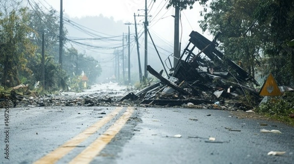 Fototapeta Severe typhoon damage with broken tree branches, fallen debris and blocked road in heavy rainstorm. Natural disaster aftermath, extreme weather, climate crisis and emergency response concept.