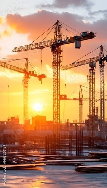 Fototapeta Sunset silhouettes of multiple construction cranes at a large building site