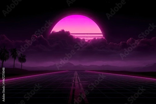 Fototapeta Retro futuristic highway under a vibrant sunset