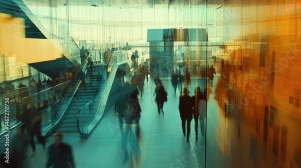 Fototapeta A busy indoor space featuring several people in casual attire.