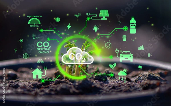 Fototapeta Carbon sequestration in farming, rich soil absorbing CO2, AI tracking carbon levels in an organic regenerative farm