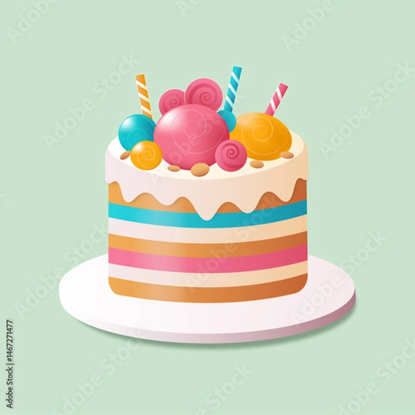 Fototapeta Vector illustration of a layered birthday cake with colorful candies, swirl lollipops, and candles on a light green background. Fun and playful design perfect for party invitations, greeting cards