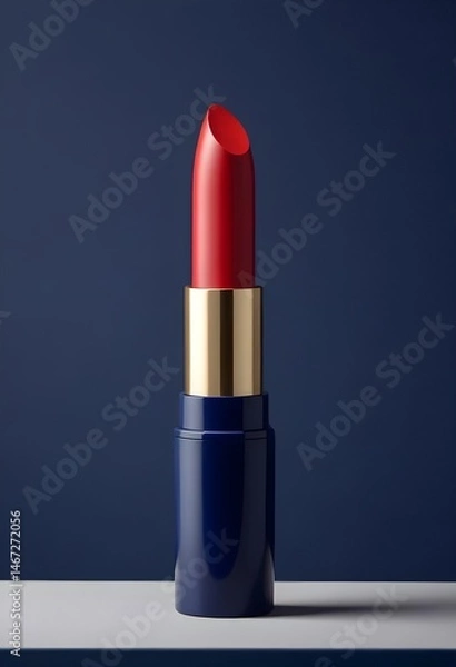 Fototapeta A vibrant red lipstick placed on a smooth blue background, highlighting its bold color contrast