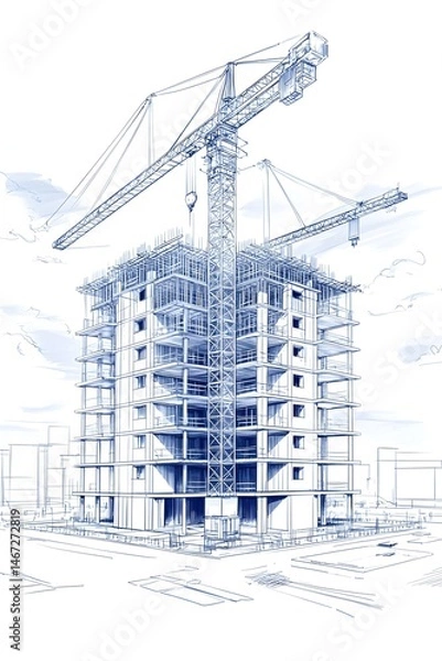 Fototapeta Blueprint sketch of a high-rise building under construction with a crane