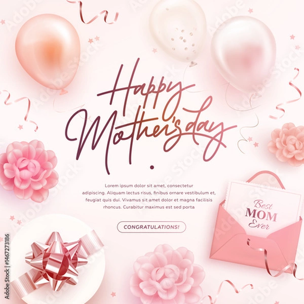 Fototapeta Happy mother's day square web banner, poster, greeting card design template. Realistic 3d helium balloons, envelope and gift box. Mother day background. Vector illustration