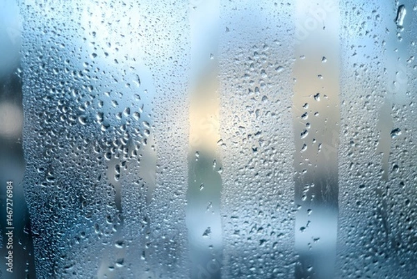 Obraz Close up of condensation water droplets on window glass surface with blue tones