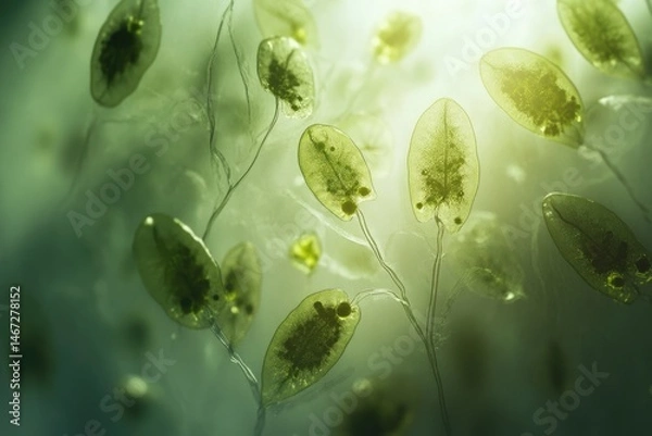 Fototapeta Microscopic life form reveals translucent, light-filled oval shapes, connected with the thin and translucent stems in a soft green environment.