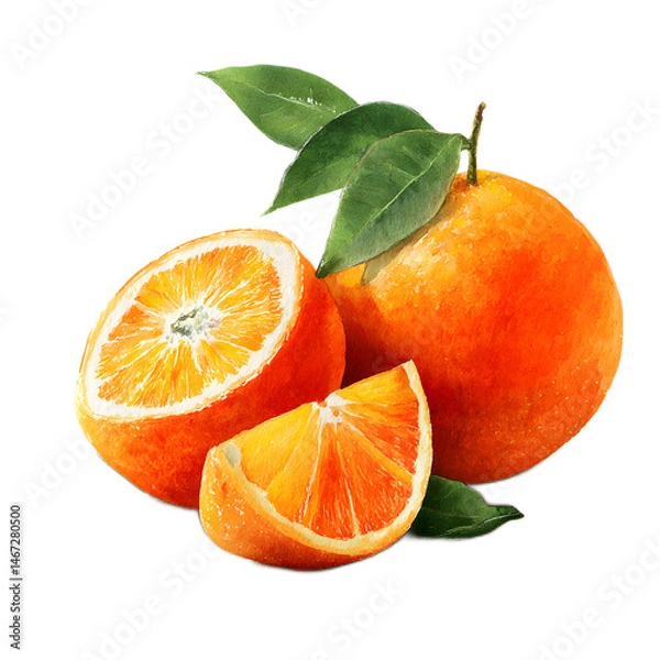 Obraz Closeup showcasing the intricate details of a fresh ripe orange fruit with leaves segments and vibrant against a clean white backdrop