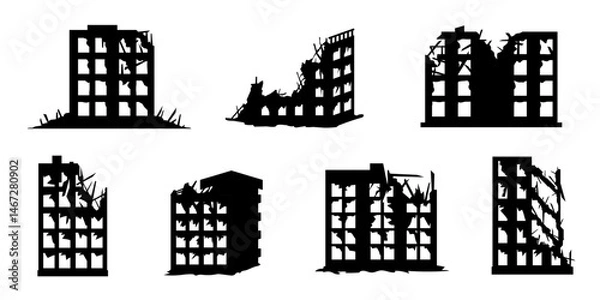 Fototapeta Set of silhouettes of bombed or collapsed high-rise buildings viewed from side angles, affected by warfare or disaster, showing crumbling walls, debris, structural instability. Transparent background