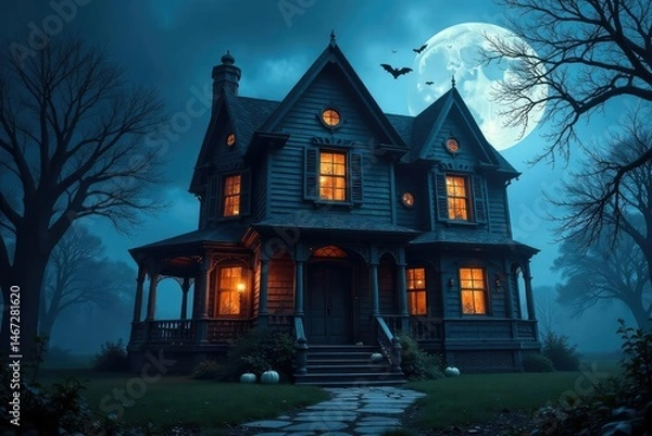 Fototapeta Spooky haunted house facade with cobwebs & bats, web, halloween, grave