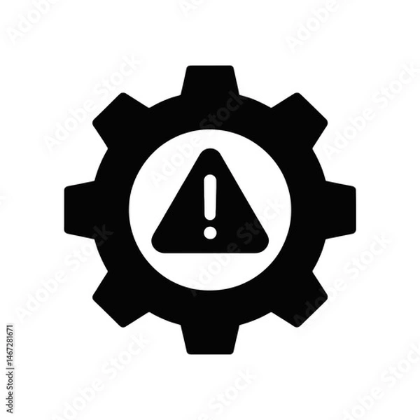 Fototapeta A black gear symbol contains a warning sign with an exclamation mark in its center, suggesting a caution or alert related to mechanical processes.