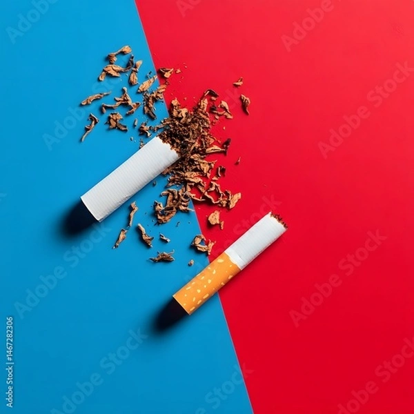 Fototapeta Broken cigarettes on a color background