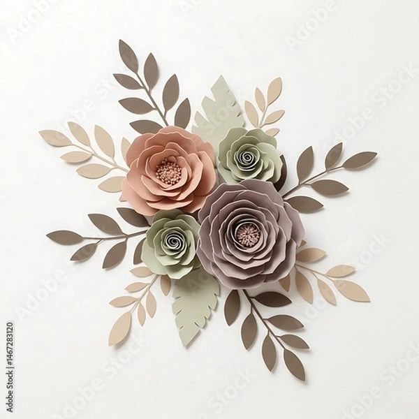 Fototapeta Paper crafted floral arrangement with leaves isolated on white background