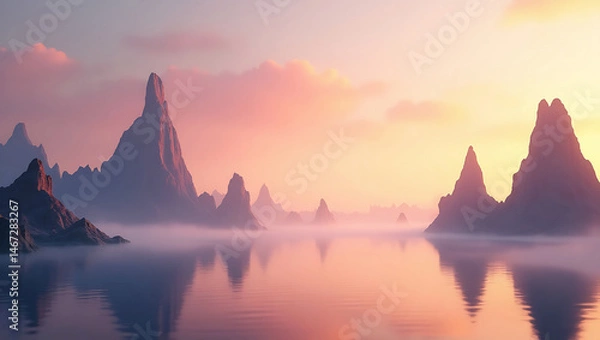 Obraz Jagged Rock Spires Reflecting in Tranquil Waters Under a Painted Sky