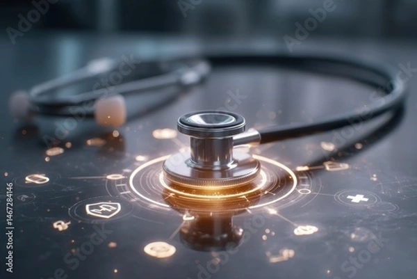 Fototapeta A close-up shot of a stethoscope connected to a digital interface, surrounded by glowing medical symbols in a clean, modern setting.