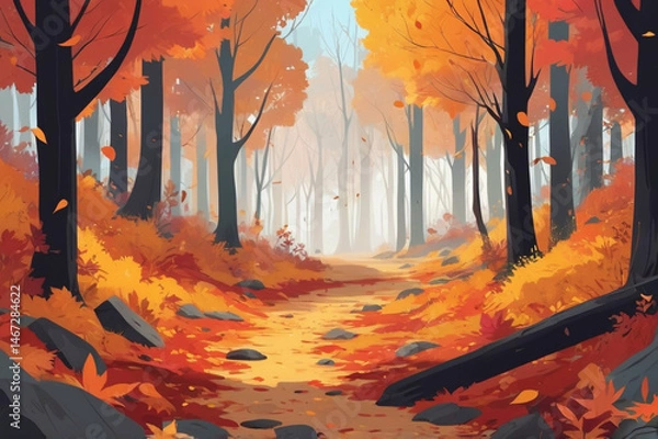 Obraz Autumn Forest Path with Falling Leaves