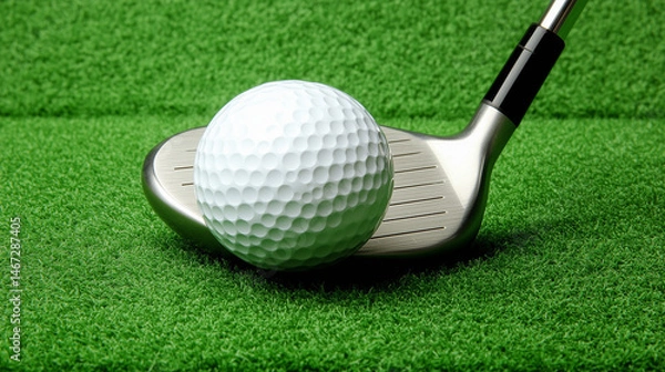 Fototapeta A close-up image of a white golf ball placed on green grass field. The background is filled with vibrant green grass and nearby golf equipment, fresh outdoor sports environment. 