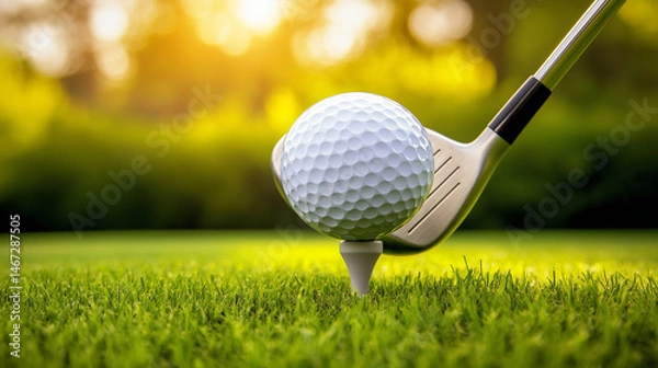 Fototapeta A close-up image of a white golf ball placed on green grass field. The background is filled with vibrant green grass and nearby golf equipment, fresh outdoor sports environment. 