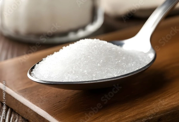 Fototapeta Close up of white granulated sugar in a metal spoon. Macro shot of crystal sugar in a spoon. Spoonful of granulated sugar. Sugar dosing. Ingredient. Cooking. Baking
