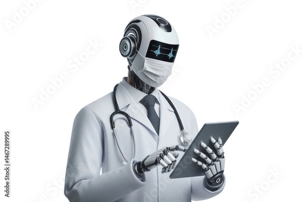 Obraz A robot doctor with a medical coat using a tablet on a transparent background png artificial intelligence and medicine concept