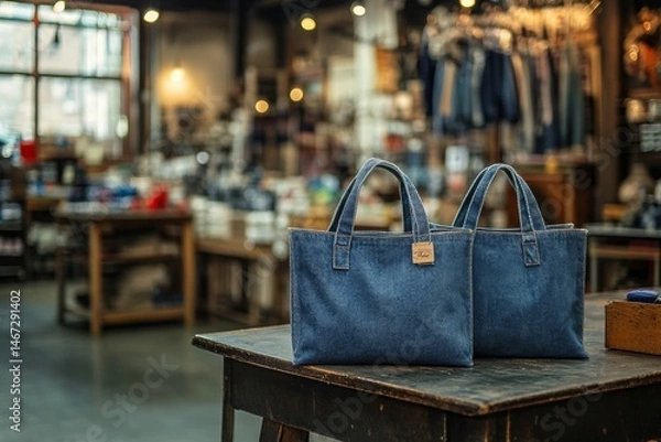 Fototapeta Two blue bags are displayed on a table in a store