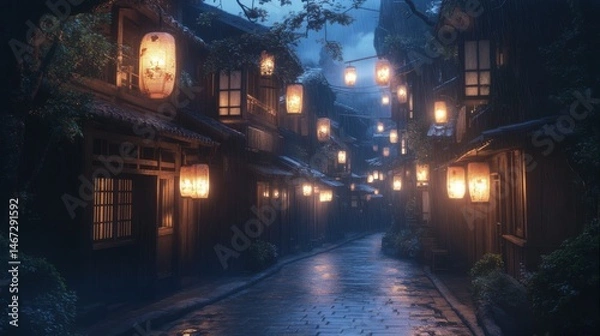 Fototapeta Old Kyoto Street with Hanging Lanterns at Night