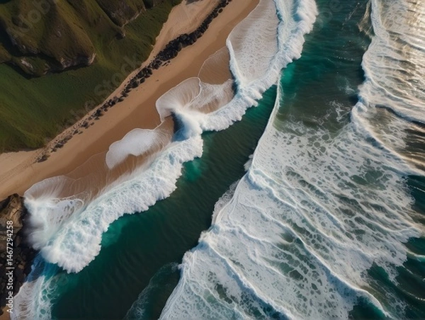 Fototapeta A mesmerizing aerial top-view photograph capturing the spectacular dance of ocean waves