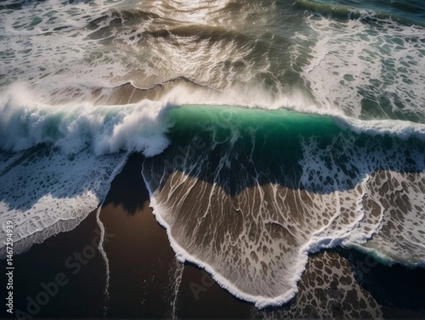 Fototapeta A mesmerizing aerial top-view photograph capturing the spectacular dance of ocean waves