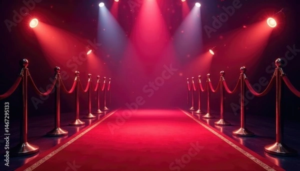 Fototapeta Glamorous red carpet event, spotlights shining on the entrance , theatre, scene, illumination