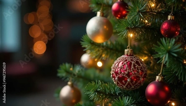 Fototapeta A beautifully decorated Christmas tree with ornaments and twinkling lights , red, tree topper