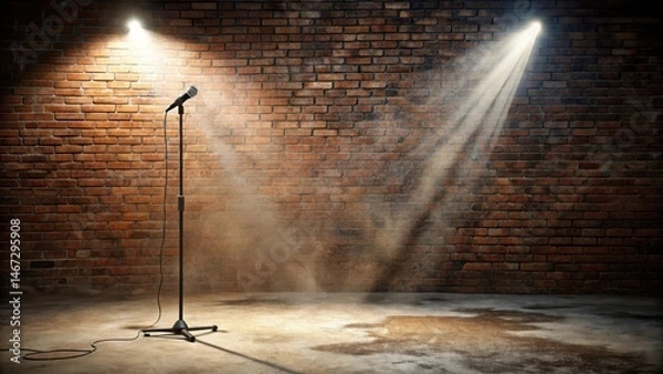 Fototapeta Abandoned stage with a single spotlight shining on an empty microphone stand amidst bricks and dust, abandoned