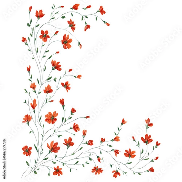 Fototapeta isolated transparent Background. Delicate floral frame with vibrant orange flowers and green leaves creating elegant natural border design