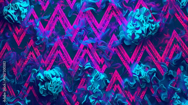 Fototapeta Abstract pattern with zigzag lines in bright pink and blue hues on a dark background