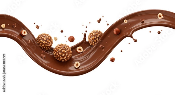 Fototapeta Splash de creme de chocolate com bombons e avelãs voando em fundo transparente. Doce, cremoso e apetitoso conceito de confeitaria.