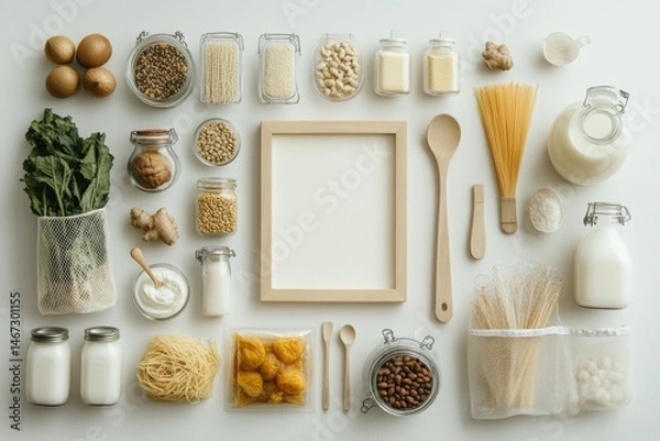 Fototapeta A wooden frame with a white background and a variety of fruits