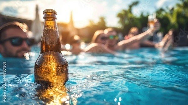Fototapeta A group of four young adults is gathered in a swimming pool, raising their bottles in a toast.